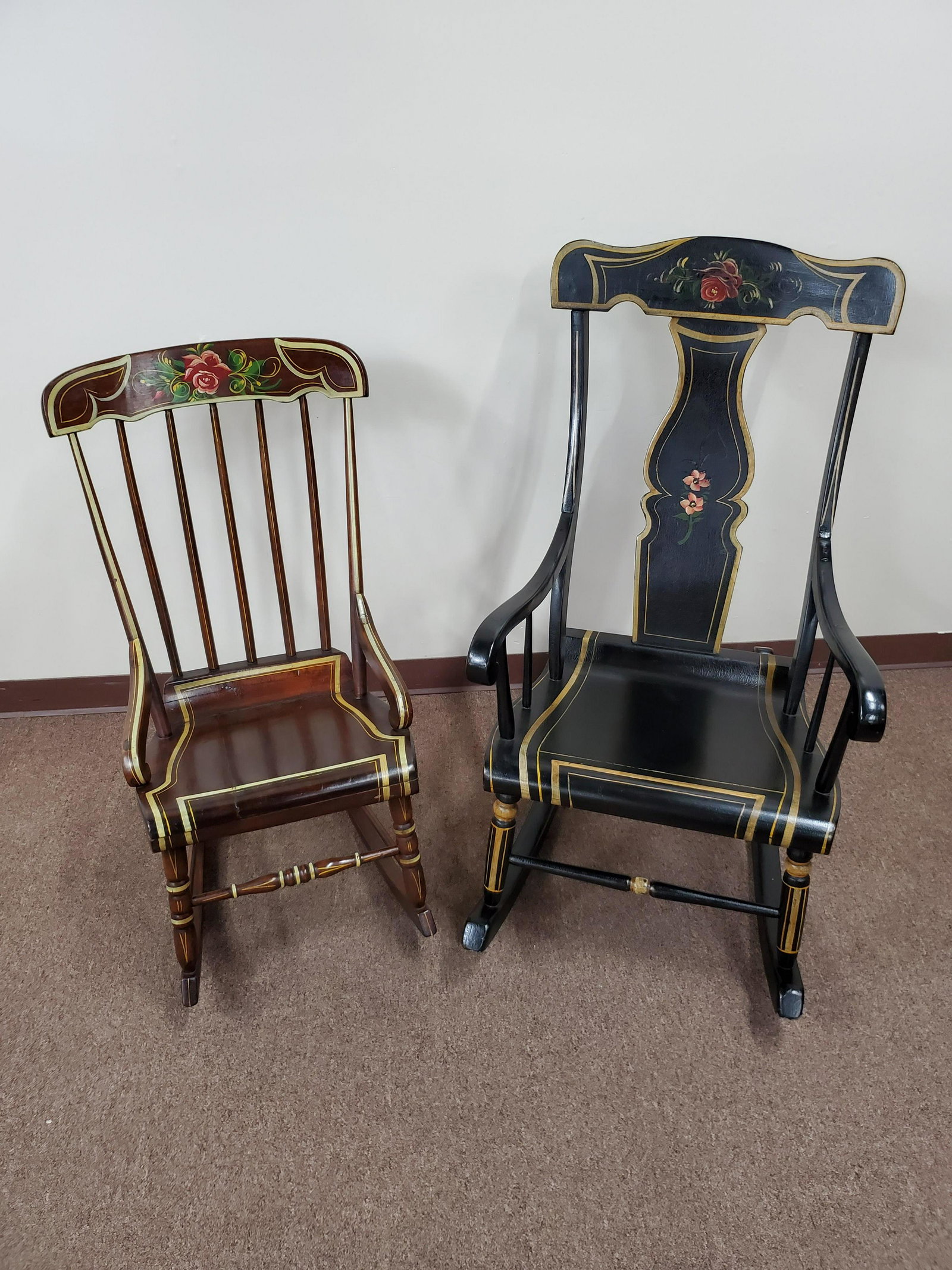 2 Painted Rockers: Black 23 1/4" wide X 34 1/4" deep X 43" high. Brown 17 1/2" wide X 29" deep X 36 3/4" high.