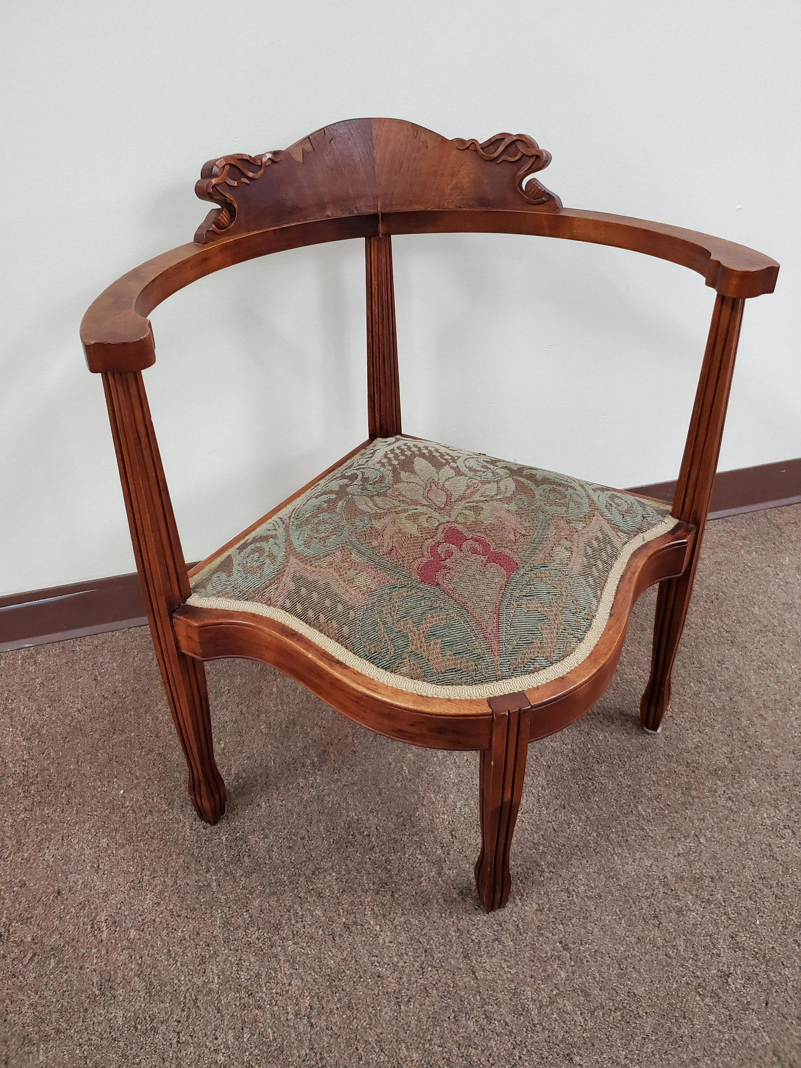 Corner Chair: 25" wide X 21 1/2" deep X 30" high. Some veneer loss to back.