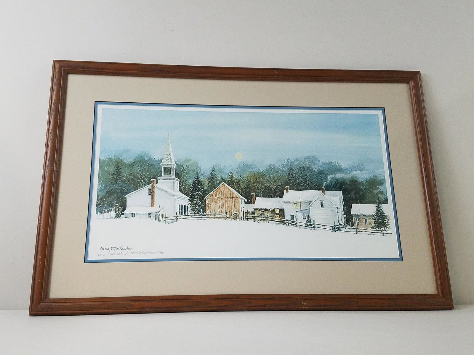 Barry D. Richardson "Winter Moon" Print: Edition number 49 / 650. Overall with frame 22-1/4" high x 34-1/4" wide.