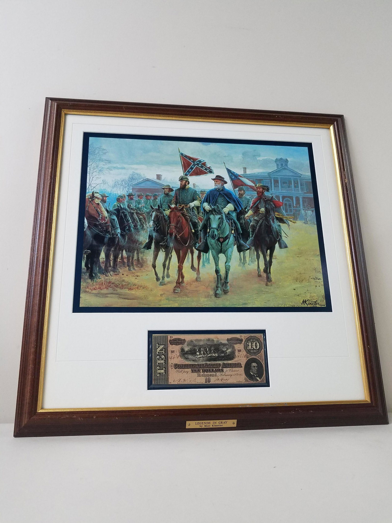 Mort Künsler "Legends in Gray" Print with Note: Includes $10 confederate note. Overall with frame 22-3/4" high x 22-1/2" wide.