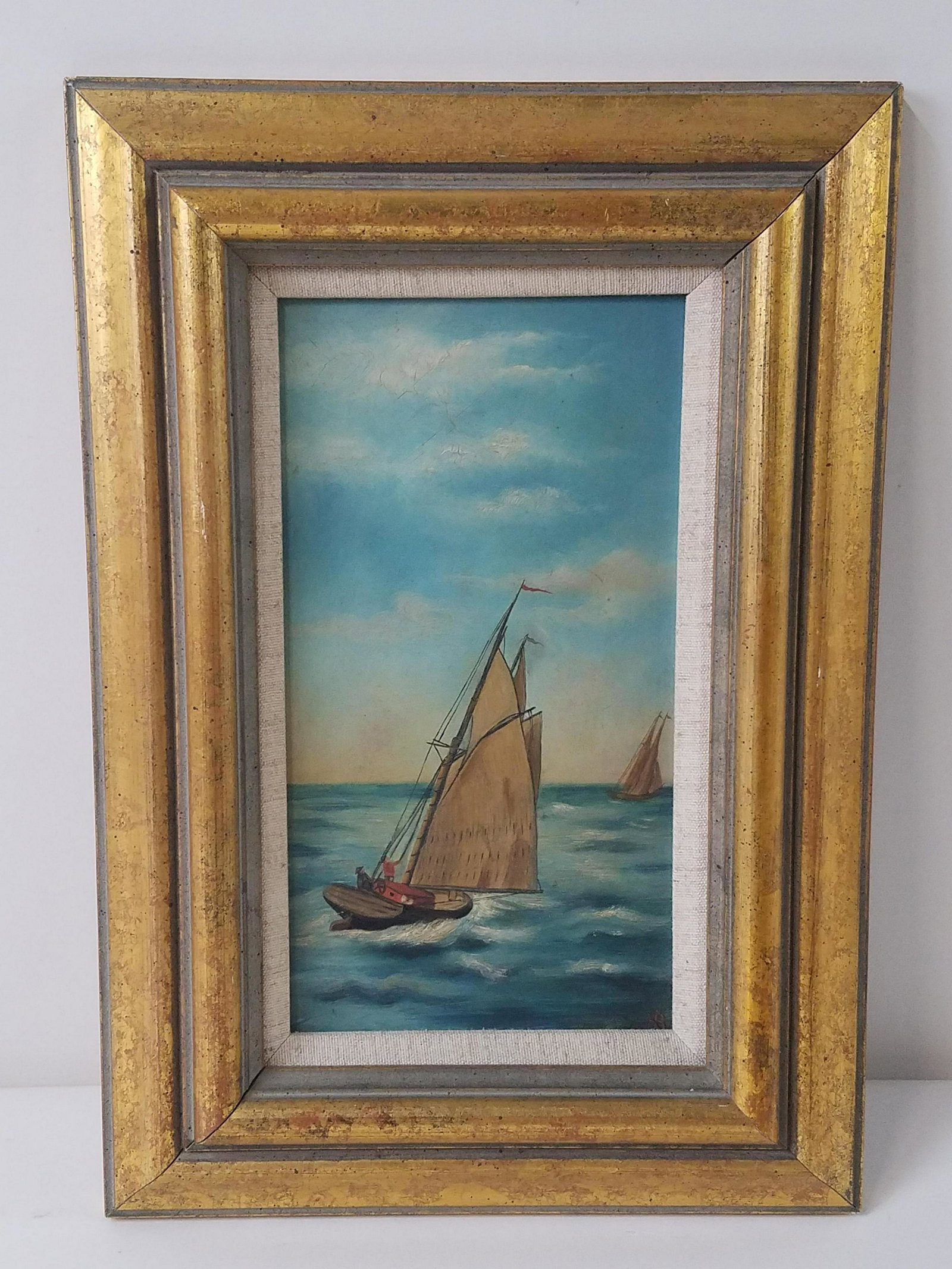 Signed Sail Boat Painting: Signed HB. Overall with frame 14-1/4" high x 19-3/4" wide. Frame made in Sweden.