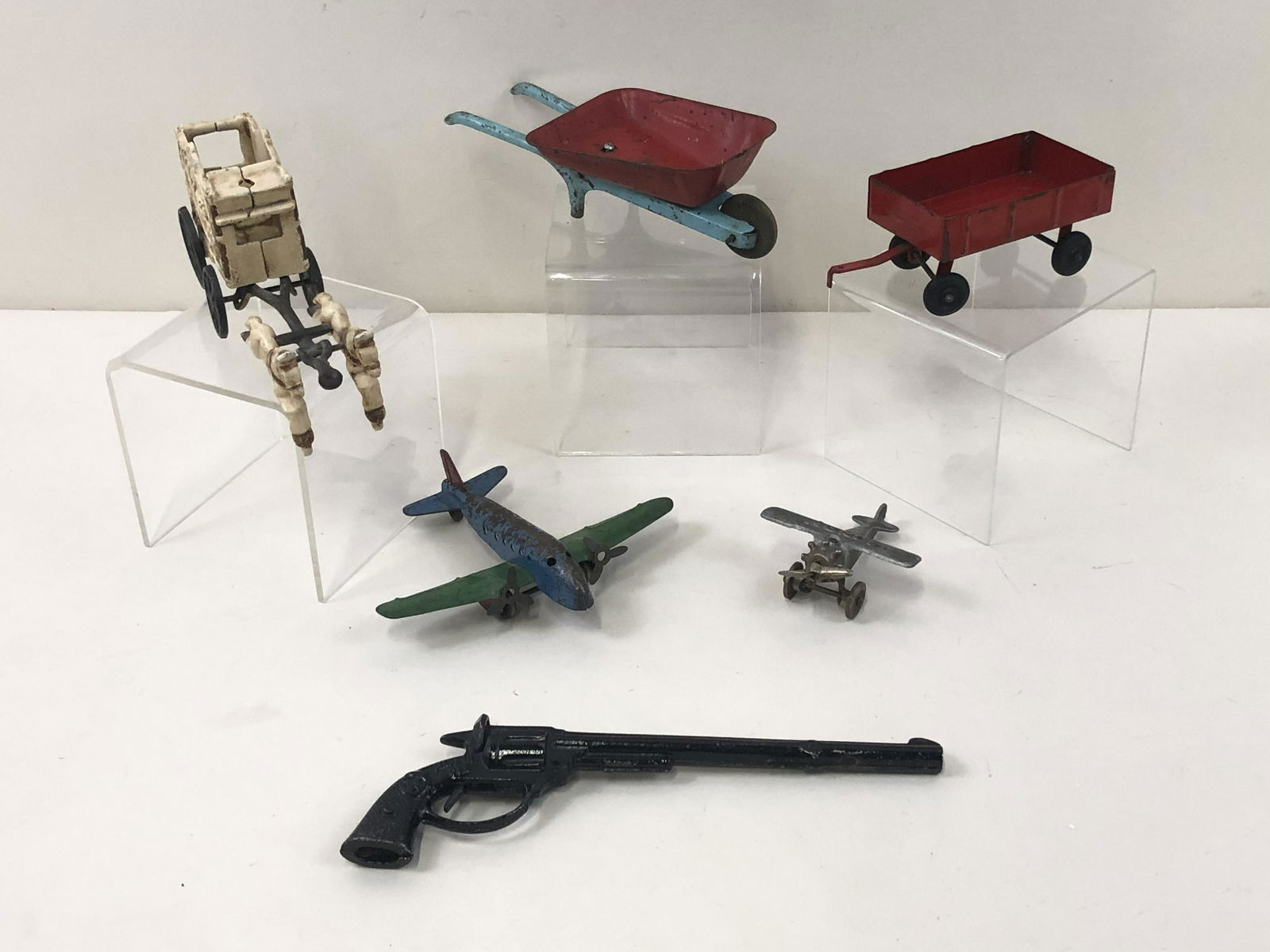 6 Vintage & Antique Toys: Includes Lindy airplane. 3 1/2" to 7" wide x 4" to 6 1/2" deep x 1 3/4" to 2" high.