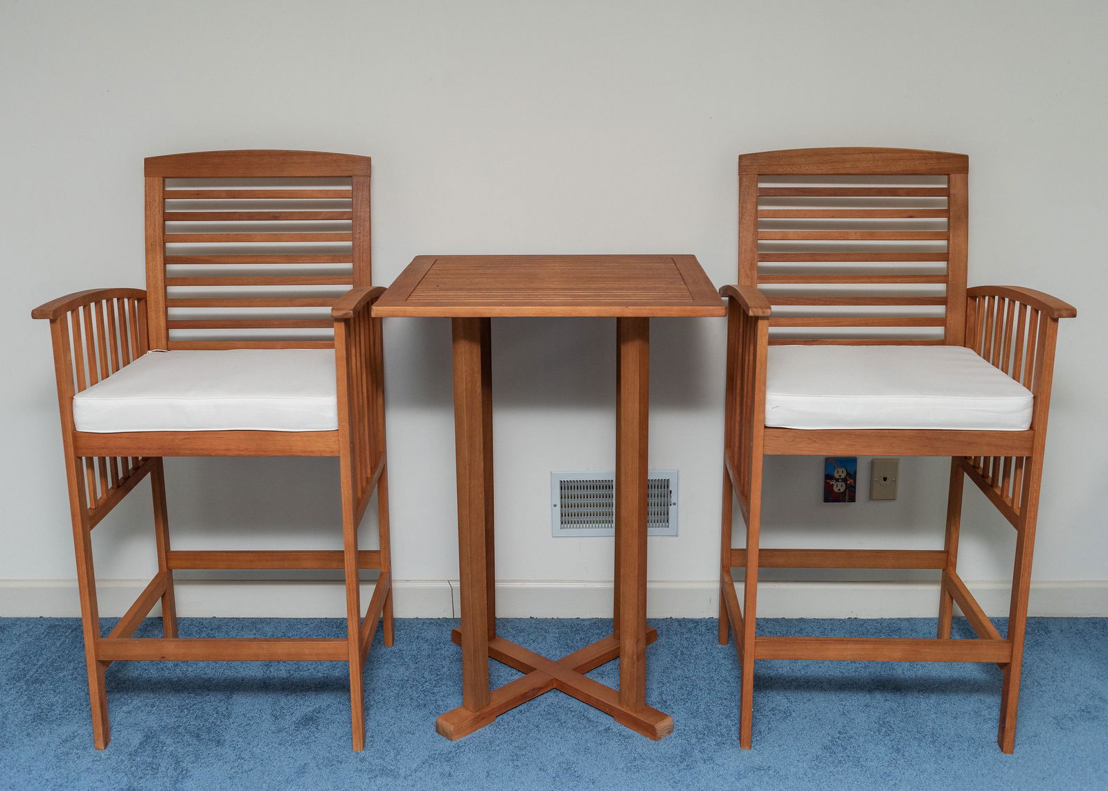 Safavieh Teak Table and 2 Chairs: With cushions. Table 27-12" x 27-1/2" x 39-1/2". Each chair 25" wide x 24" deep x 49" tall.