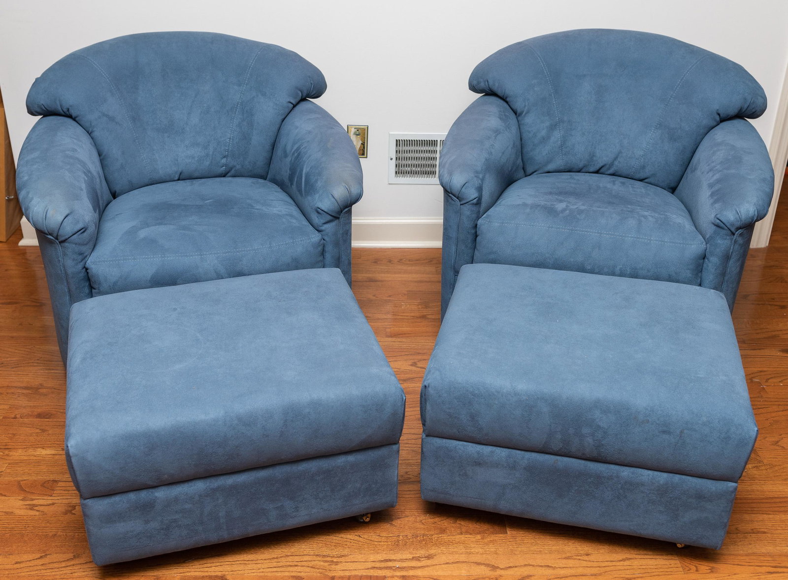Pair of Precedent Rockers w/ Ottomans: Blue upholstery. Each chair 32" wide x 30" deep x 31" high. Each ottoman 24" wide x 21" deep x 14-1/2" high.
