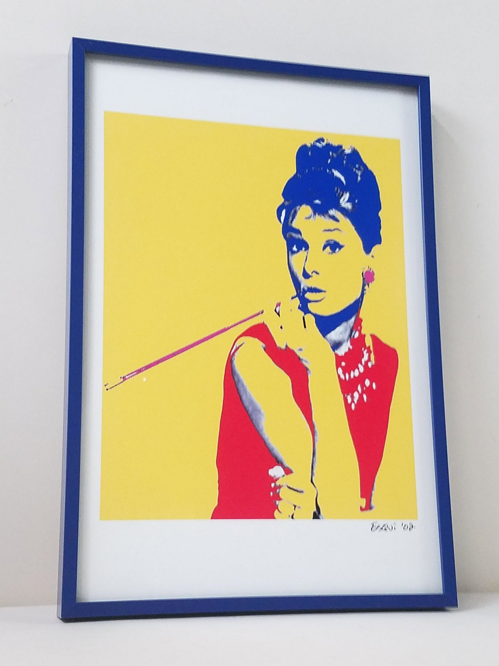 Esqui Audrey Hepburn Pop Art Print: Signed "Esqui '02". Overall with frame 19-1/2" high x 13-1/4" wide.