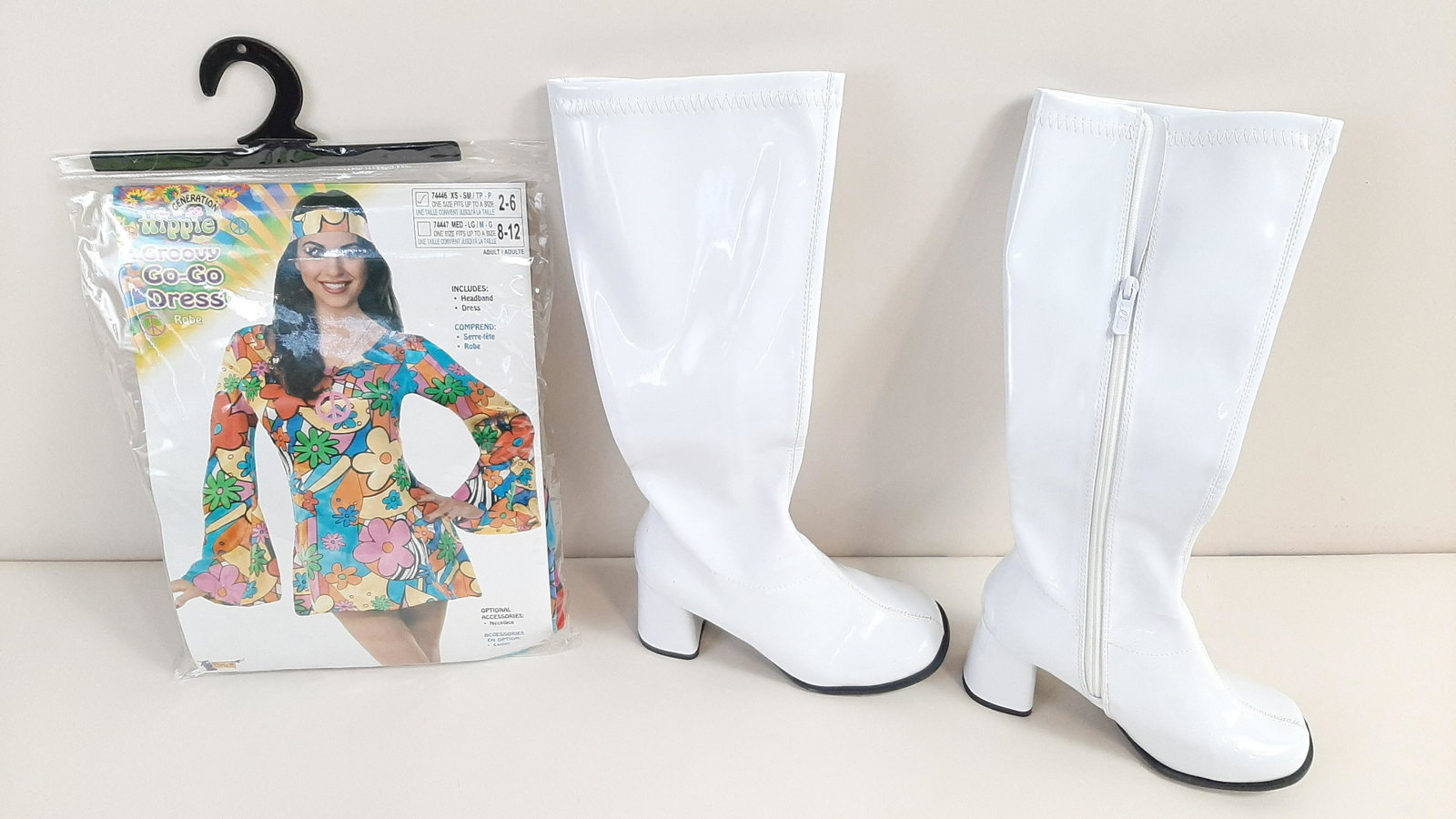 Ellie White Boots and Hippie Halloween Costume: Includes Ellie vinyl boots, size 6 and Forum Novelties Groovy Go-Go Dress costume size XS/SM.