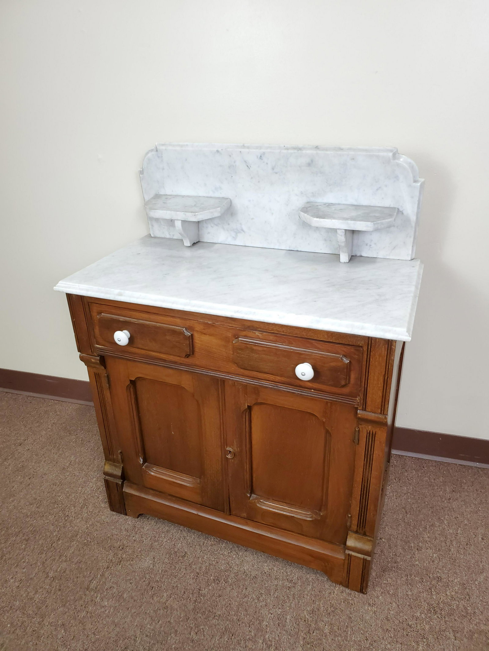 Marble Top Wash Stand: 29 1/4" wide X 15 1/4" deep X 37" high. Marble top has some issues and missing pins.