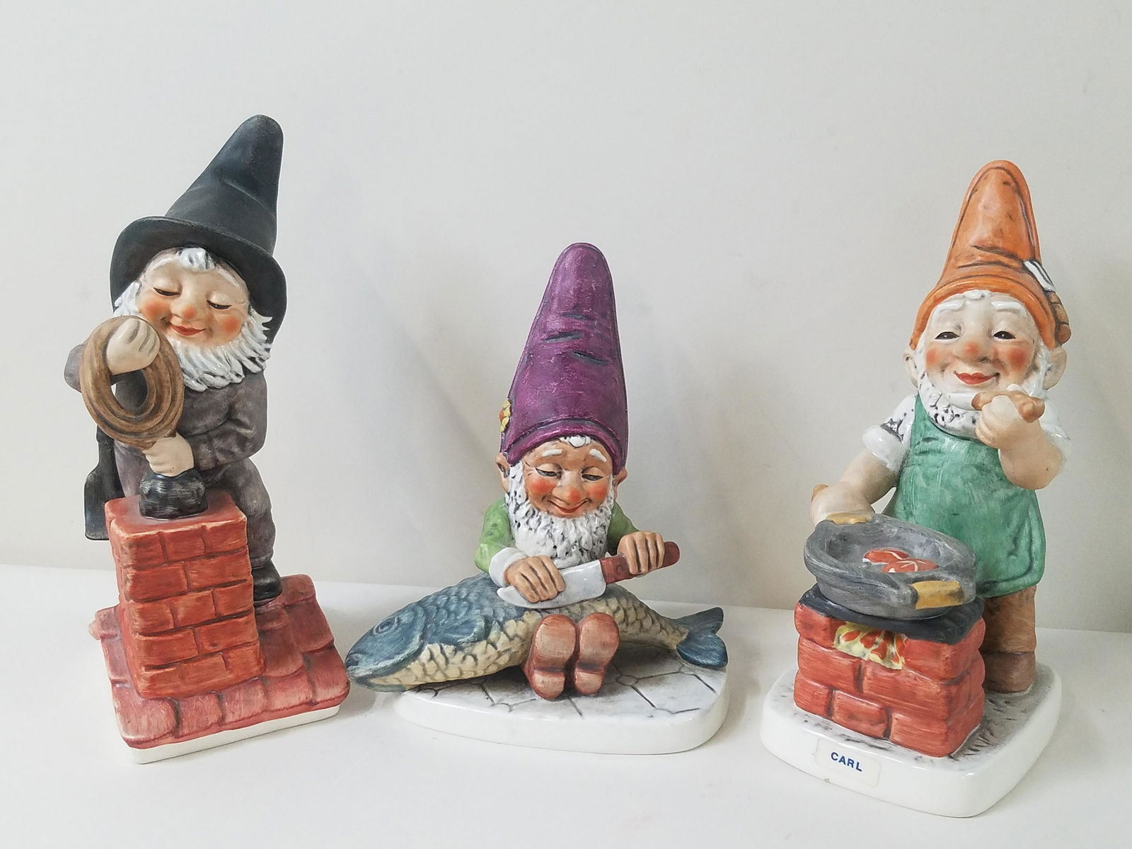 3 Goebel Gnomes: Includes Chuck, Fips and Carl. 6-1/2" to 8" high.