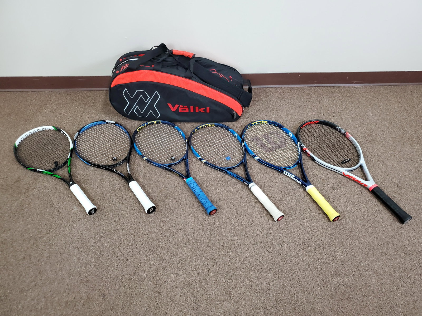 Volkl Racquet Bag With 6 Racquets: Bag 30" wide X 11" deep X 12 1/2" high. Racquets from Wilson, Volkl, Prince.