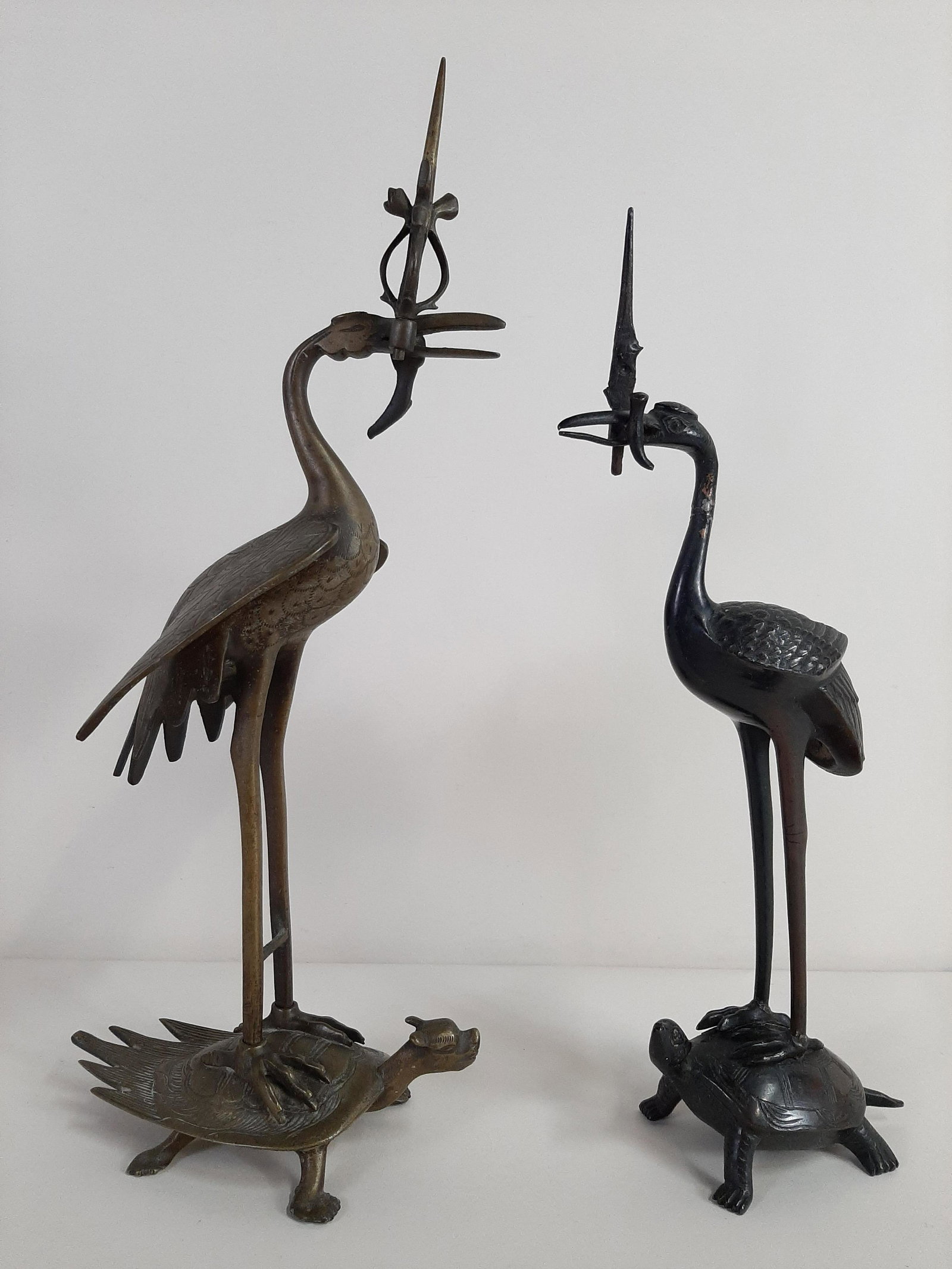 2 Antique Japanese Crane Lamps: 14" to 16 1/4" high.