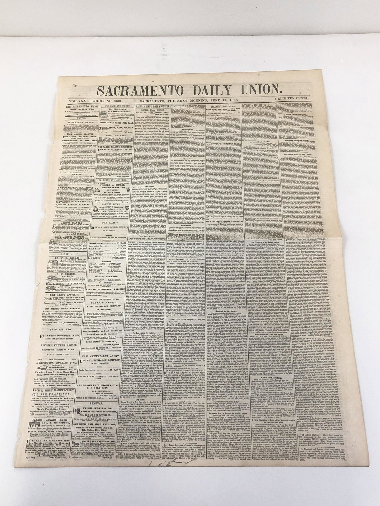 2 Sacramento Union Newspapers: Dated June 10, 1868 and June 11, 1868. Both with certificate of authenticity. From the Estate Collection of Stephen R. Reed.
