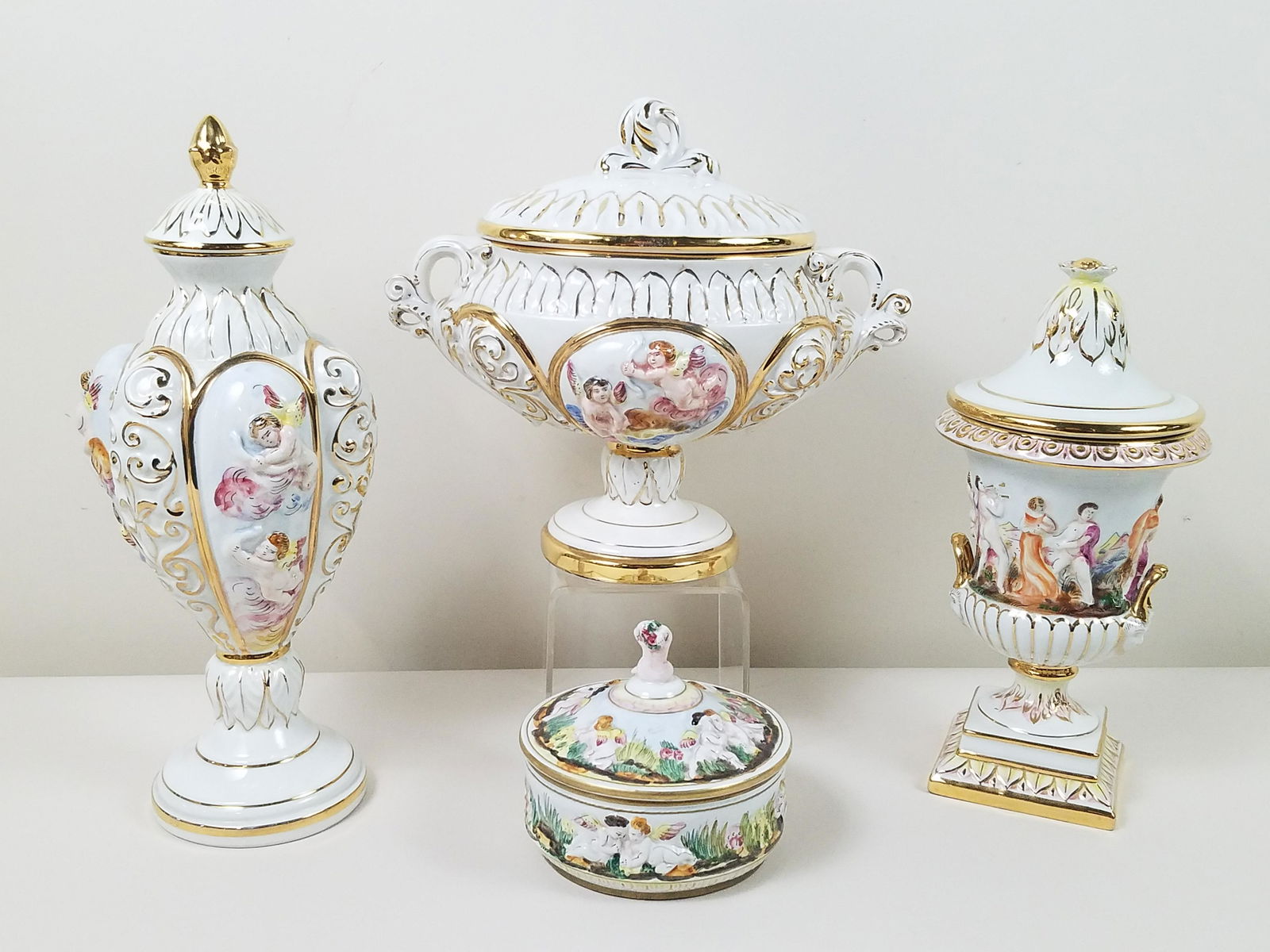 4 Pcs Capodimonte incl Urns: 5-1/2" to 16-1/2" high.