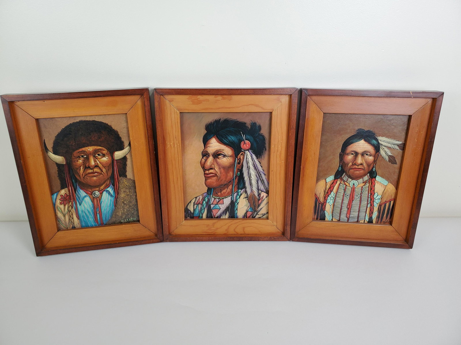 3 Native American Paintings By W. Leach: 12" wide X 14 1/2" high. From the Estate Collection of Stephen R. Reed.