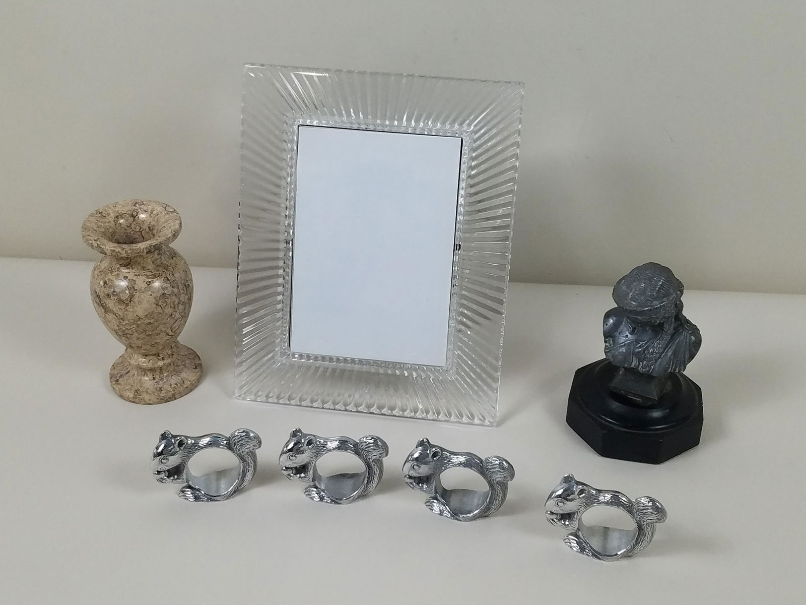 7 Pcs Napkin Rings, Sculpture, and Waterford Frame: Also includes coral stone vase. 2-1/2" to 10-1/2" high.