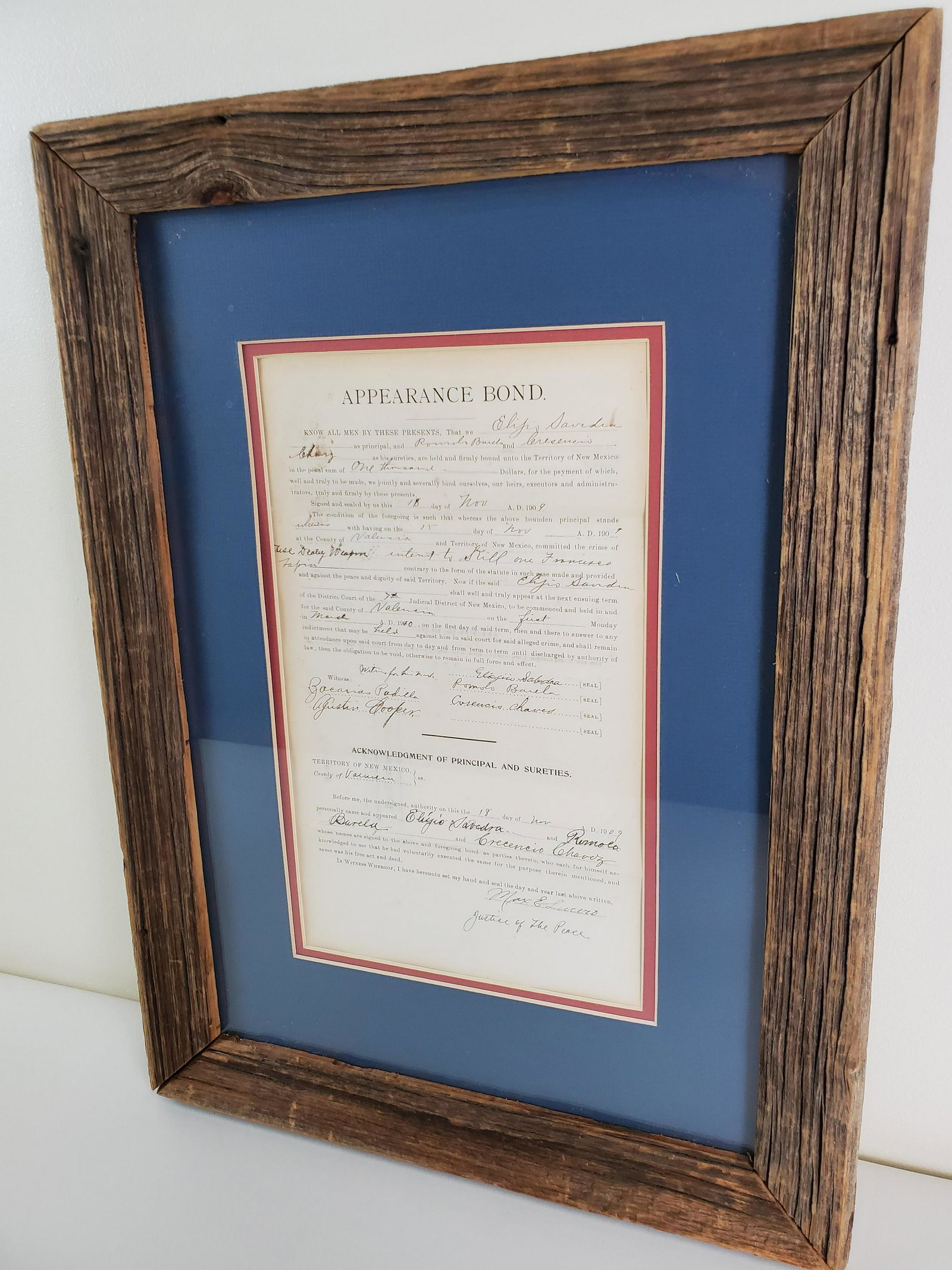 Appearance Bond From Nov 18 1909: Overall with frame 16" wide X 22" high. From the Estate Collection of Stephen R. Reed.