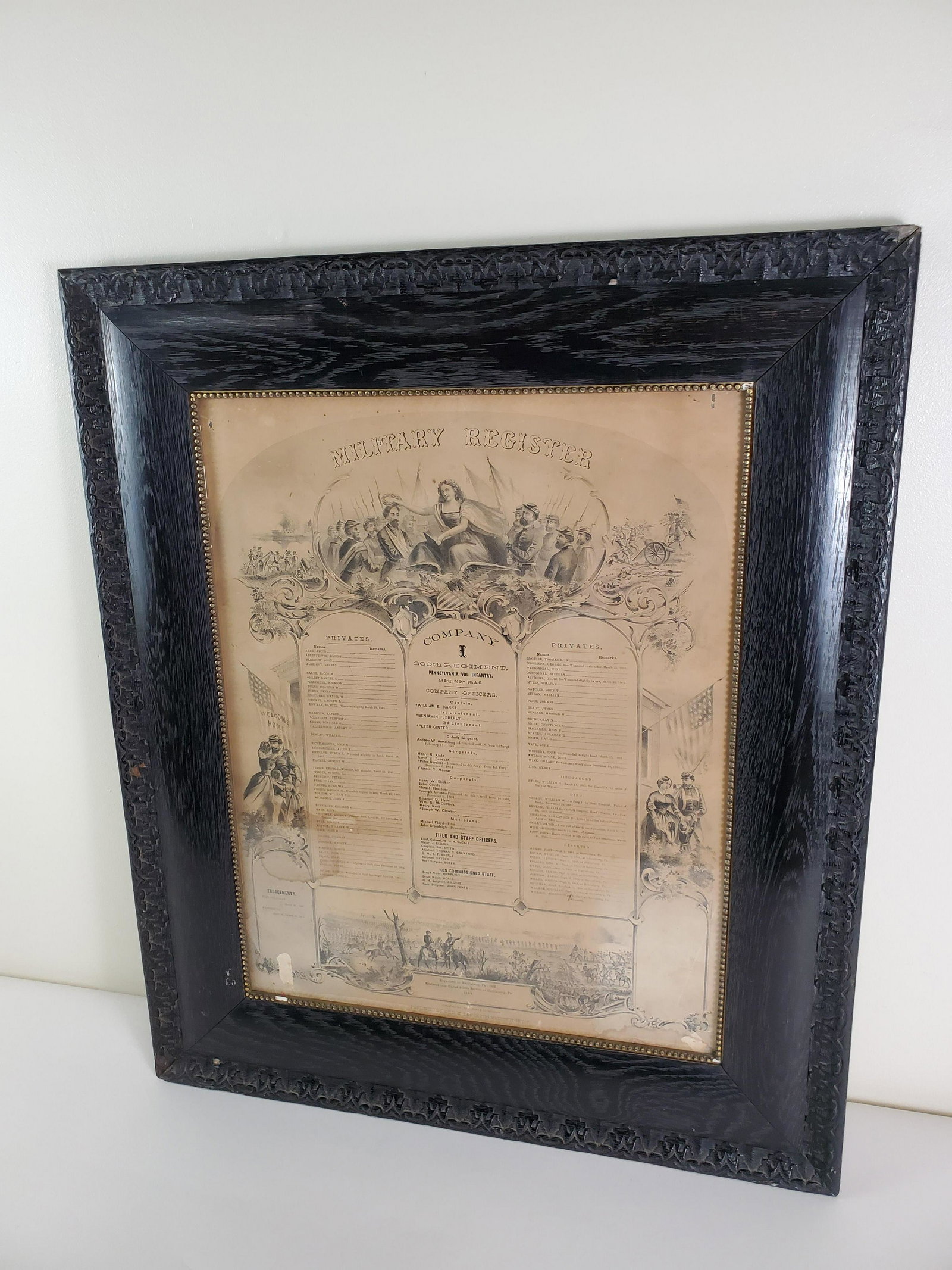 Military Register Company 1 Harrisburg 1864: Overall with frame 25 3/4" wide X 30 3/4" high. From the Estate Collection of Stephen R. Reed.