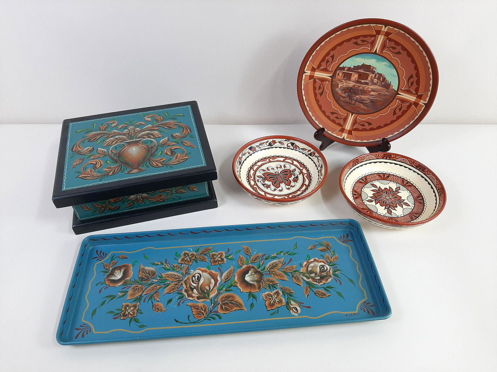 5 Pcs Handpainted Ceramics, Tin Tray, and Box (1 of 8)