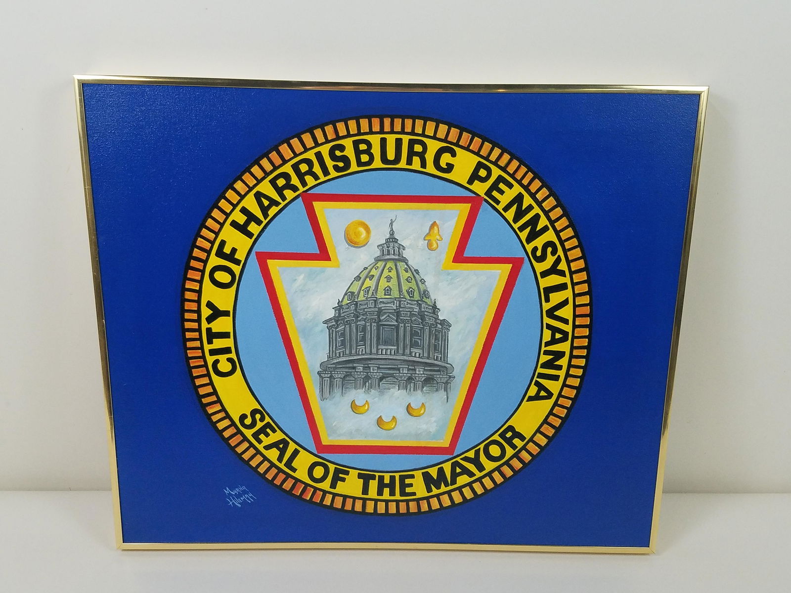 City of Harrisburg PA Seal of The Mayor Painting: Overall with frame 20-1/2'' high x 24-1/4" wide. Signed Myrna Hileman. From the Estate Collection of Stephen R. Reed.