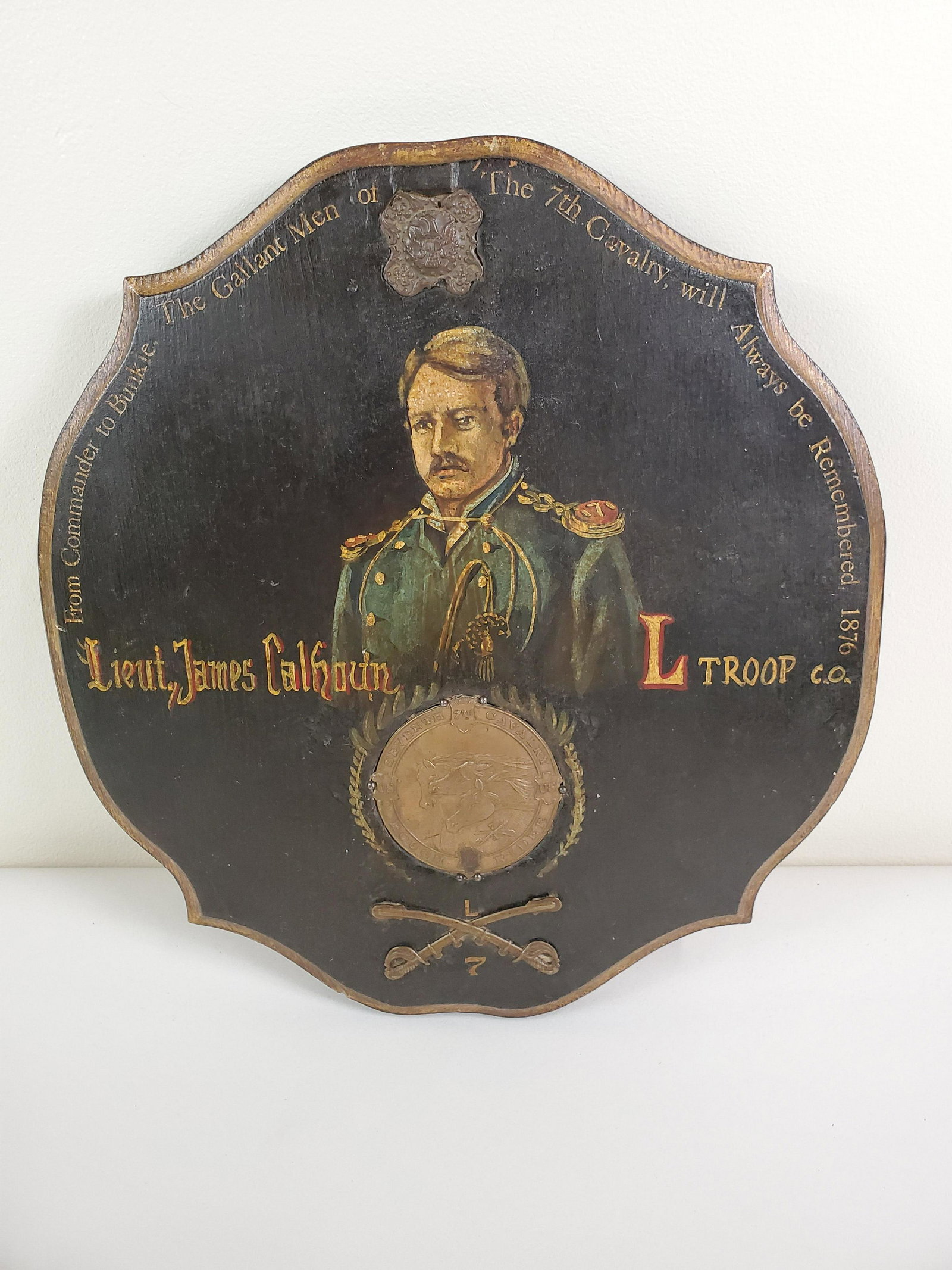 Lt J. Calhoun Rough Riders 7th Cav Plaque: 11 1/2" wide X 12 1/2" high. From the Estate Collection of Stephen R. Reed.