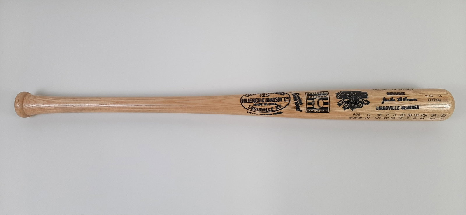 Hall of Fame Jackie Robinson Bat: 50th anniversary Louisville Slugger 1948 -14 Edition. From the Estate Collection of Stephen R. Reed.