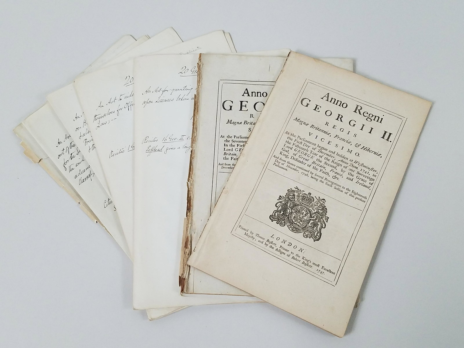 5 George II Acts incl Distillers: London published. Printed by Thomas Baskett. From the Estate Collection of Stephen R. Reed.