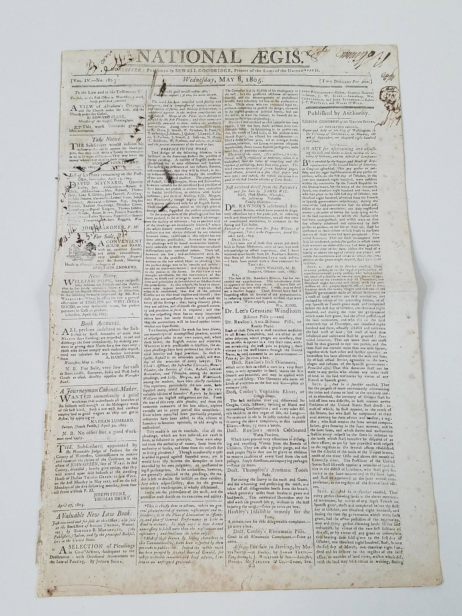 1795 National Aegis Newspaper: Some toning. Handwritten notes on paper and ink spots. From the Estate Collection of Stephen R. Reed.