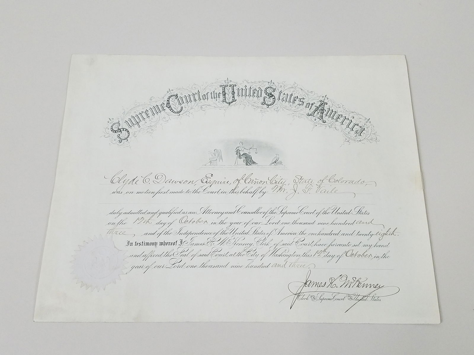 1903 US Supreme Court Appointment: Dated October 12, 1903. 14-3/4" high x 19" wide. From the Estate Collection of Stephen R. Reed.