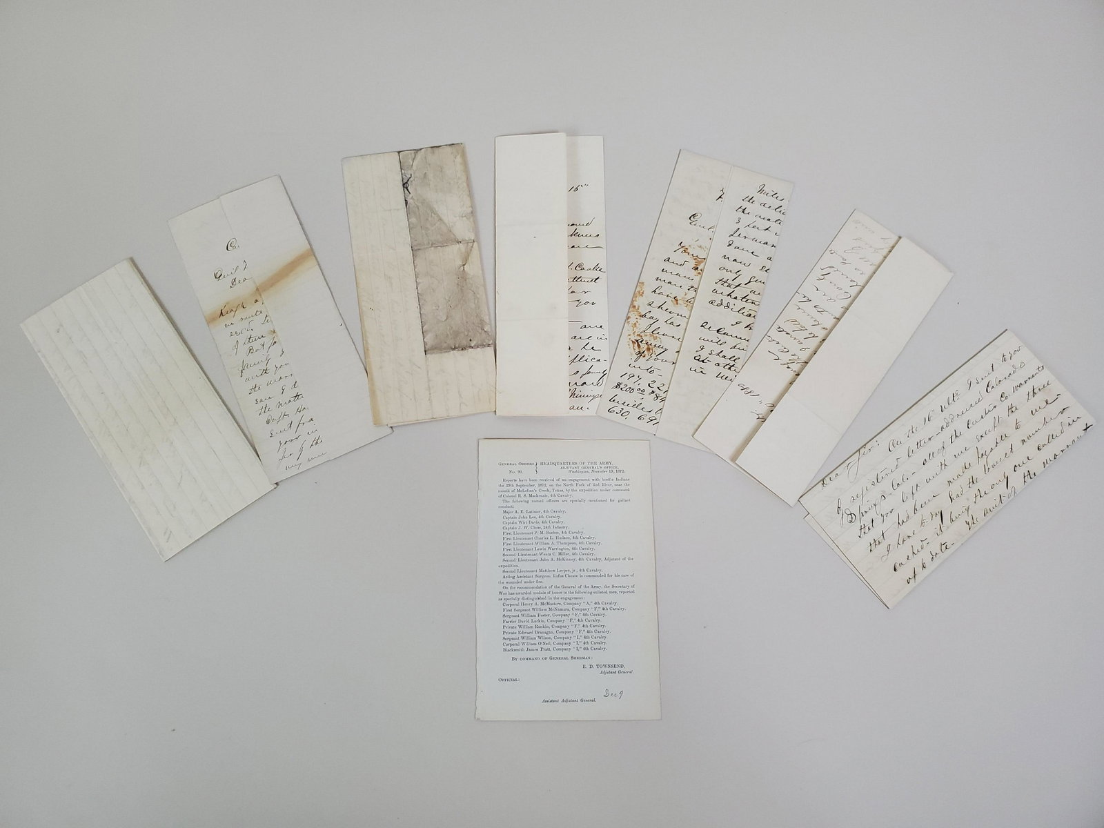 7 Indian War Medal Of Honor Letters: 7 Letters from Lt. George Baird who won the metal of honor fighting Nez Pierce. 6 Written at Ft. Koeugh, MT. Some discoloration. Some discoloration. Estate Collection of Stephen R. Reed.