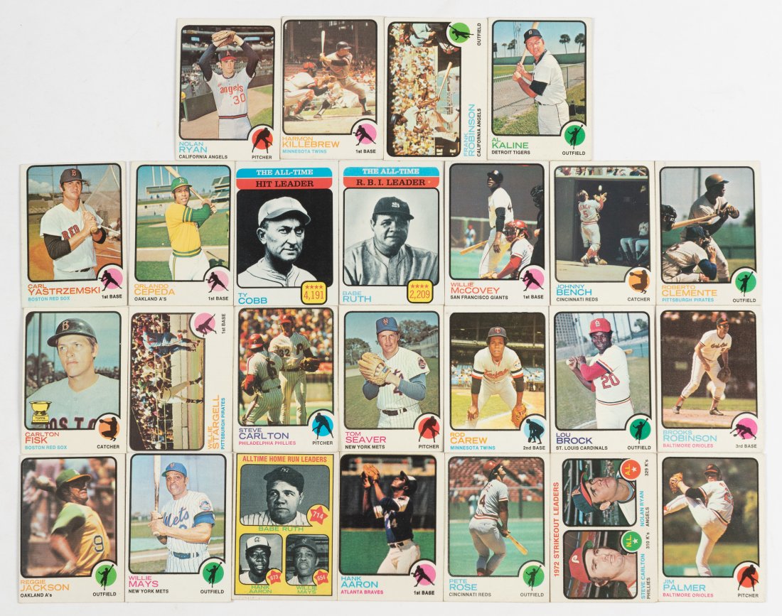 Over 400 1973 Cards with Hall of Fame: DESCRIPTION: Includes Clemente, B. Robinson, Aaron, Palmer, F. Robinson, Cobb, Ruth, Kaline, Cepeda, and more. CONDITION: Very good to excellent. IMPORTANT: Before bidding, please read the terms and c