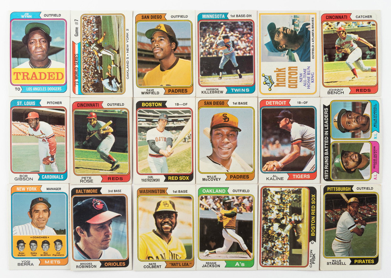 Over 400 1974 Vintage Baseball Cards: DESCRIPTION: Includes Hall of Fame players Aaron, Palmer, Carew, F. Robinson, Brock, Berra, McCovey, Kaline, and more. CONDITION: Excellent. IMPORTANT: Before bidding, please read the terms and condit