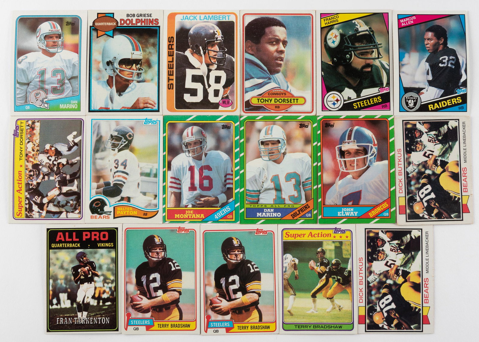 Over 300 Football Cards: DESCRIPTION: Includes Lambert, Marino, Montana, Butkus, Harris, Griese, and more. CONDITION: Excellent. IMPORTANT: Before bidding, please read the terms and conditions. When you registered for the auc
