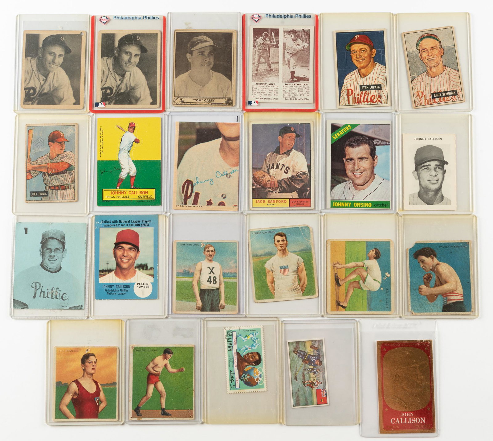 23 Sports Cards: DESCRIPTION: Includes 1940 & 1941 Playballs with Klein and Carey, 1941 Doubleplay with Mize, 1951 Bowmans cards, 6 Mecca wrestling & boxing, and more. CONDITION: Excellent. IMPORTANT: Before bidding, 