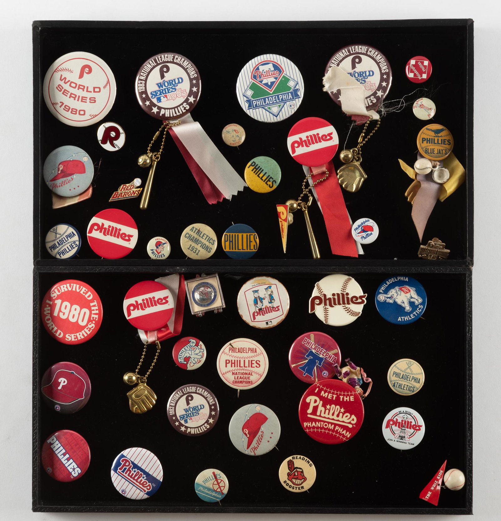 35 Pins (1930's-1980's): DESCRIPTION: Includes 1943-1944 Phillies vs. Blue Jays with ribbon and glove. Also includes Athletics ribbon. CONDITION: Excellent. IMPORTANT: Before bidding, please read the terms and conditions. Whe