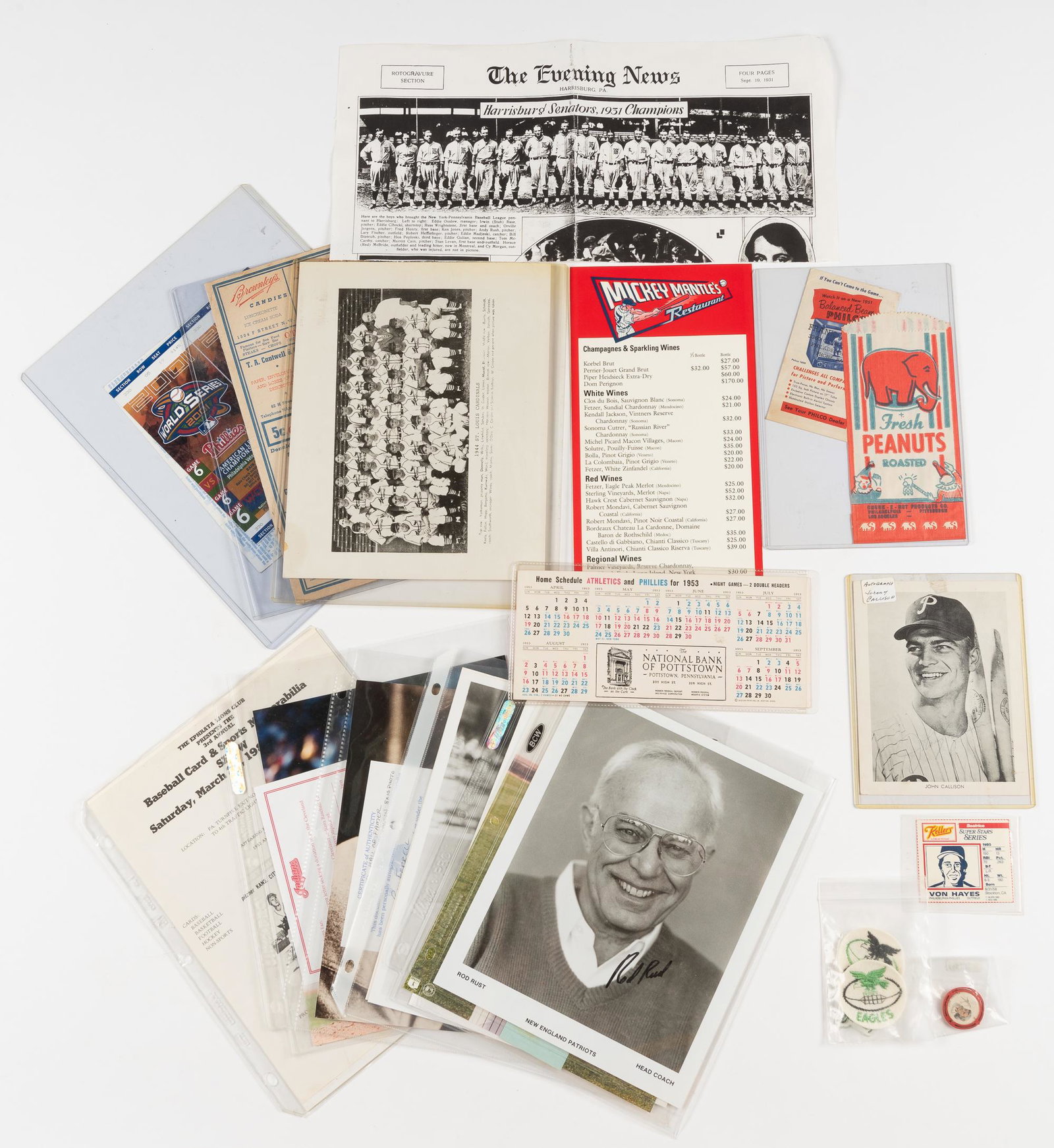 Group of Baseball Autographed Items: DESCRIPTION: Includes early advertising and Mantle wine menu. CONDITION: Very good. IMPORTANT: Before bidding, please read the terms and conditions. When you registered for the auction you agreed to t