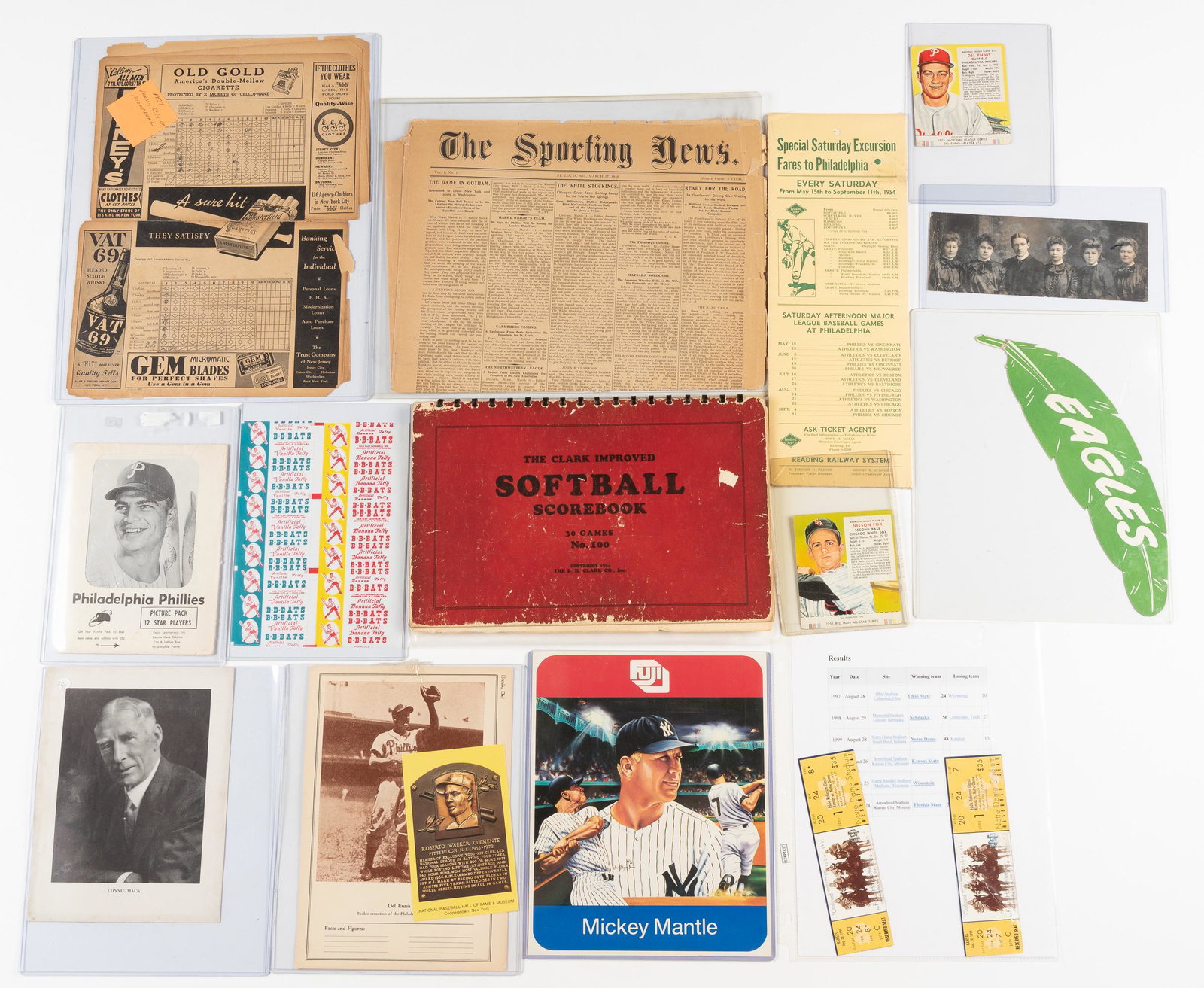 Large Lot of Vintage Sports Memorabilia: DESCRIPTION: Includes 1949 Eagles schedule, 1937 score card, Ed Walsh photo, 1955 Red Man Fox, and more. CONDITION: Very good. IMPORTANT: Before bidding, please read the terms and conditions. When you