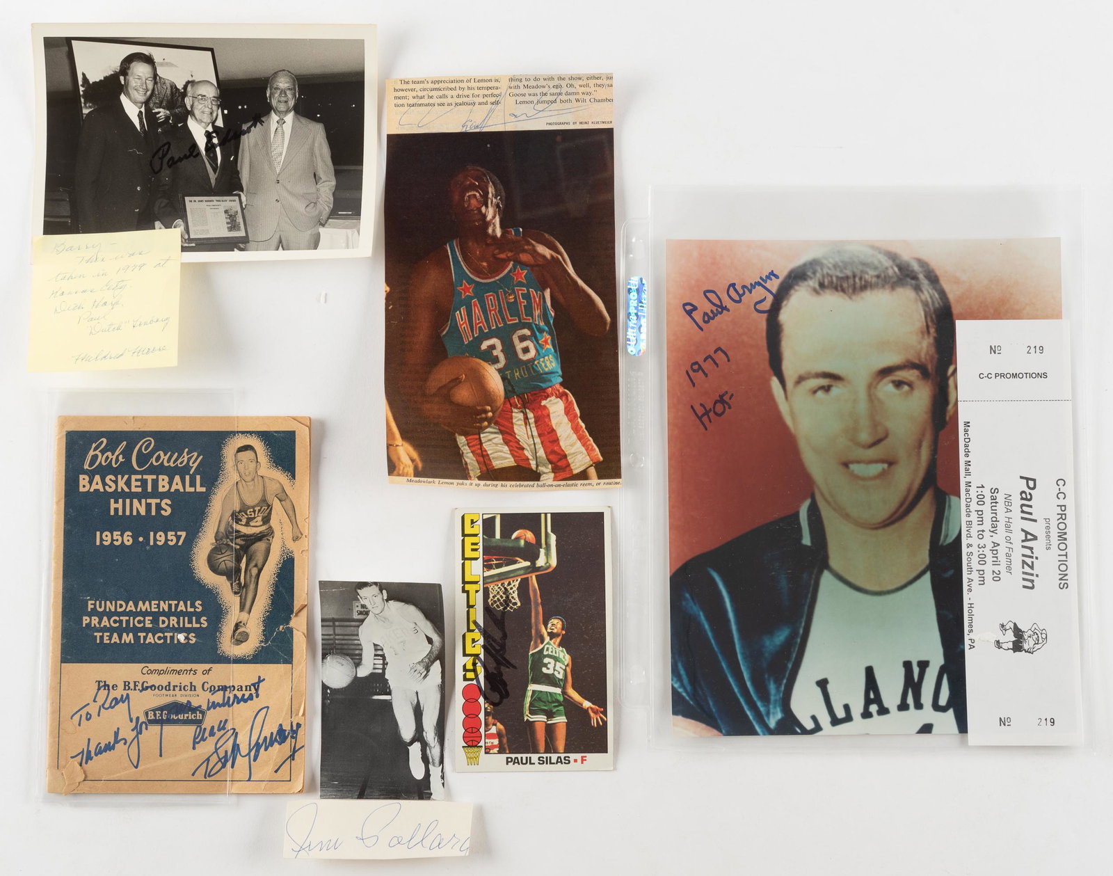4 Basketball Autographed Items: DESCRIPTION: Includes Meadowlark Lemon, Paul Silas, Bob Cousy, and Paul Arizin. CONDITION: Very good. IMPORTANT: Before bidding, please read the terms and conditions. When you registered for the aucti