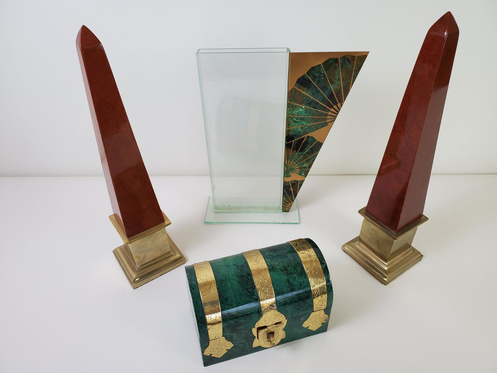Brass Box, Glass Vase, & 2 Obelisks: Obelisks 3 3/4" wide X 3 3/4" deep X 15 1/4" high. Box 7" wide X 4" deep X 4 1/2" high. IMPORTANT: Before bidding, please read the terms and conditions. When you registered for the auction you agreed