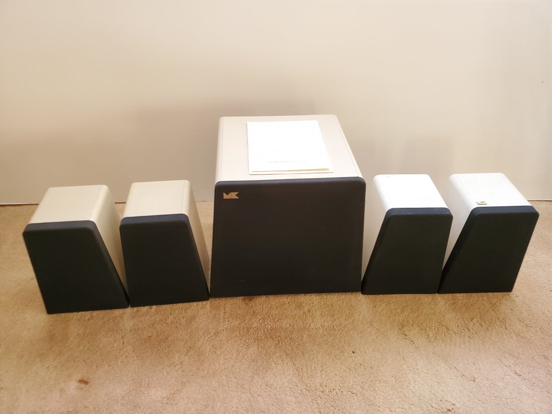 M&K V-1B Sub And 4 M&K S-2B Speakers: Speakers 9 1/2" wide X 8" deep X 13 1/4" high. Sub 19" wide X 15 3/4" deep X 17 3/4" high. IMPORTANT: Before bidding, please read the terms and conditions. When you registered for the auction you agre