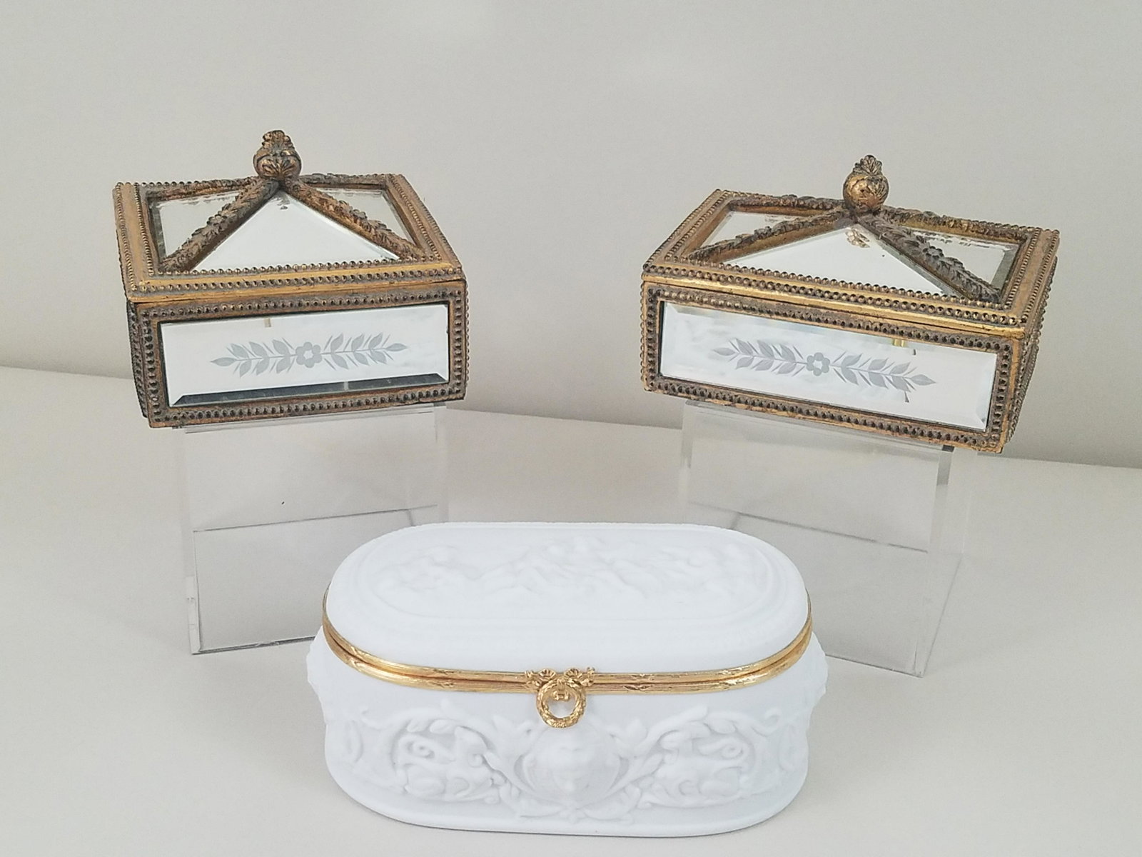 2 Mirrored Boxes and Bisque Limoges Box: 2-3/4" to 3-3/4" high. IMPORTANT: Before bidding, please read the terms and conditions. When you registered for the auction you agreed to these terms and will be required to comply with them.