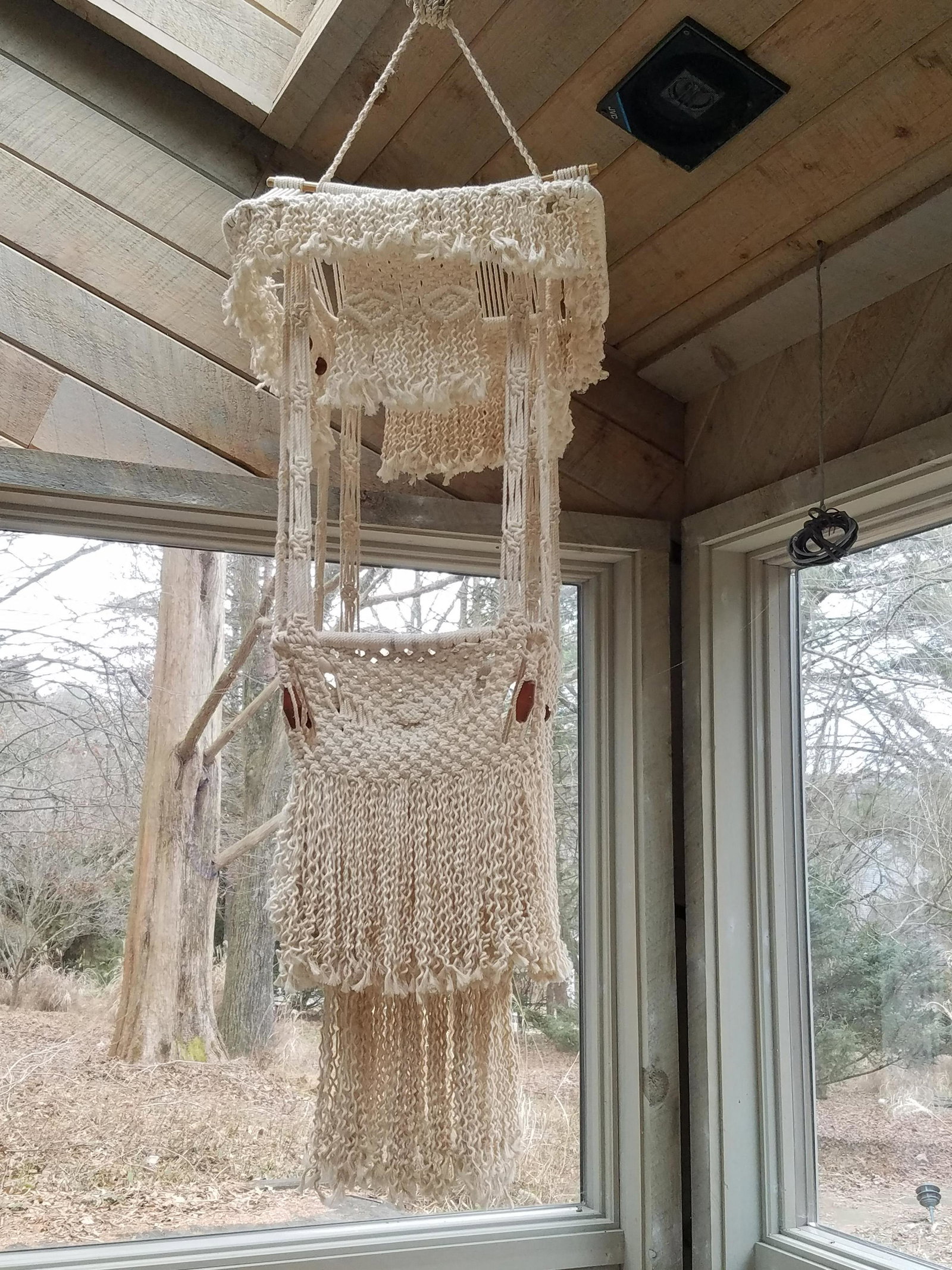 Macrame Hanging Planter: No lighting mechanism. 12" wide x 50" long. IMPORTANT: Before bidding, please read the terms and conditions. When you registered for the auction you agreed to these terms and will be required to compl