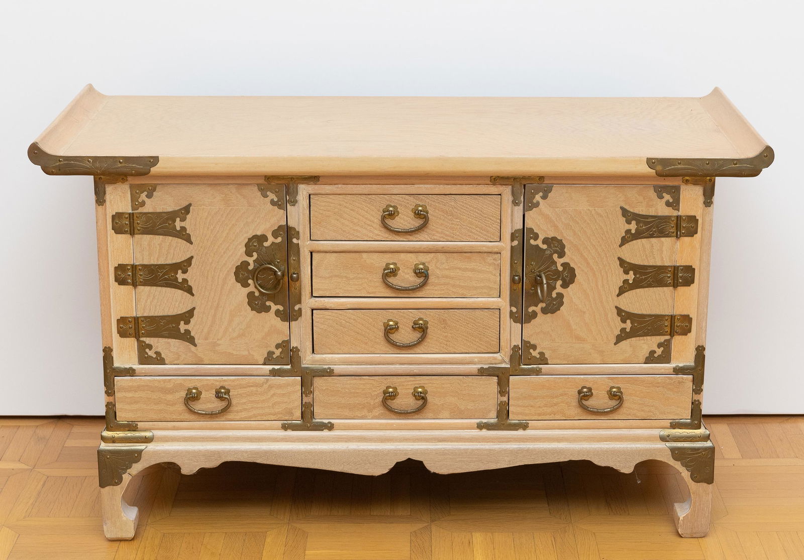 United Pacific Diminutive Altar Table: Two doors and six drawers with brass furniture. 32" wide x 13" deep x 19" high. IMPORTANT: Before bidding, please read the terms and conditions. When you registered for the auction you agreed to these