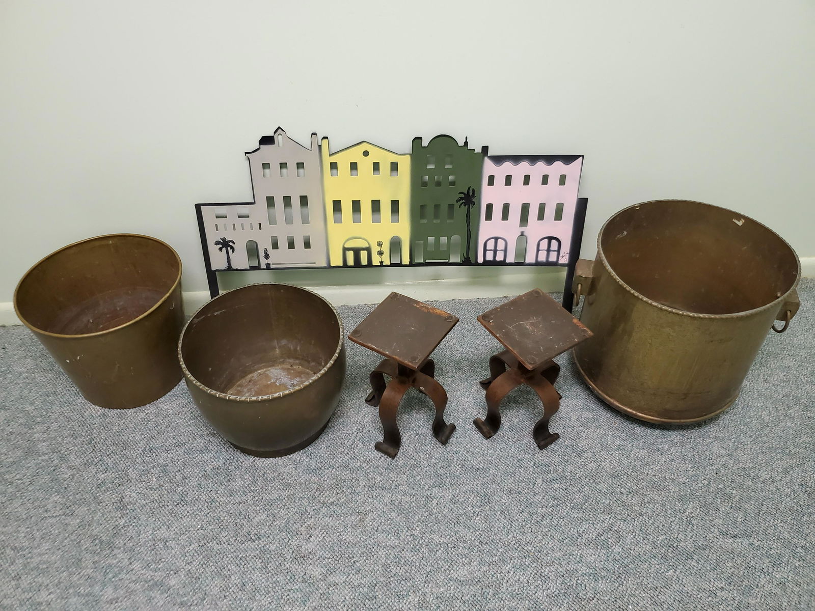 3 Brass Planters, 2 Iron Stands & Garden Sign (1 of 1)