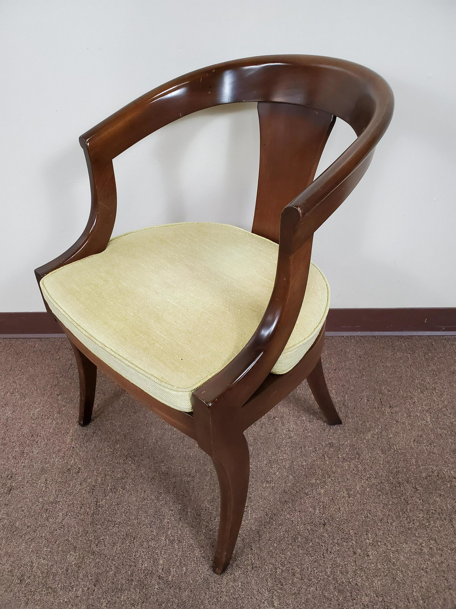 Kittinger Barrel Back Chair: 23 1/4" wide X 20" deep X 32" high. IMPORTANT: Before bidding, please read the terms and conditions below. When you registered for the auction you agreed to these terms and will be required to comply