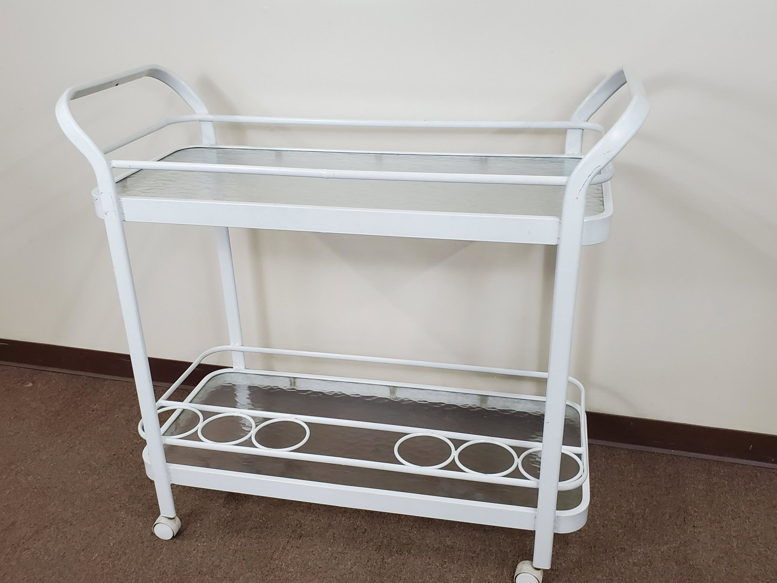 Metal/ Glass Outdoor Drink Cart: 45 1/2" wide X 20" deep X 42 1/2" high. IMPORTANT: Before bidding, please read the terms and conditions below. When you registered for the auction you agreed to these terms and will be required to com