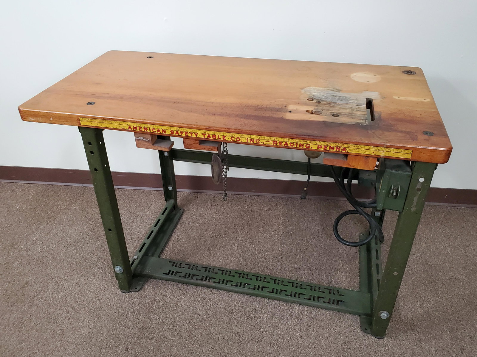 American Safety Table Co Sewing Table: 48" wide X 24" deep X 30 1/2" high. Holes cut to top surface with jars mounted below. IMPORTANT: Before bidding, please read the terms and conditions below. When you registered for the auction you agr