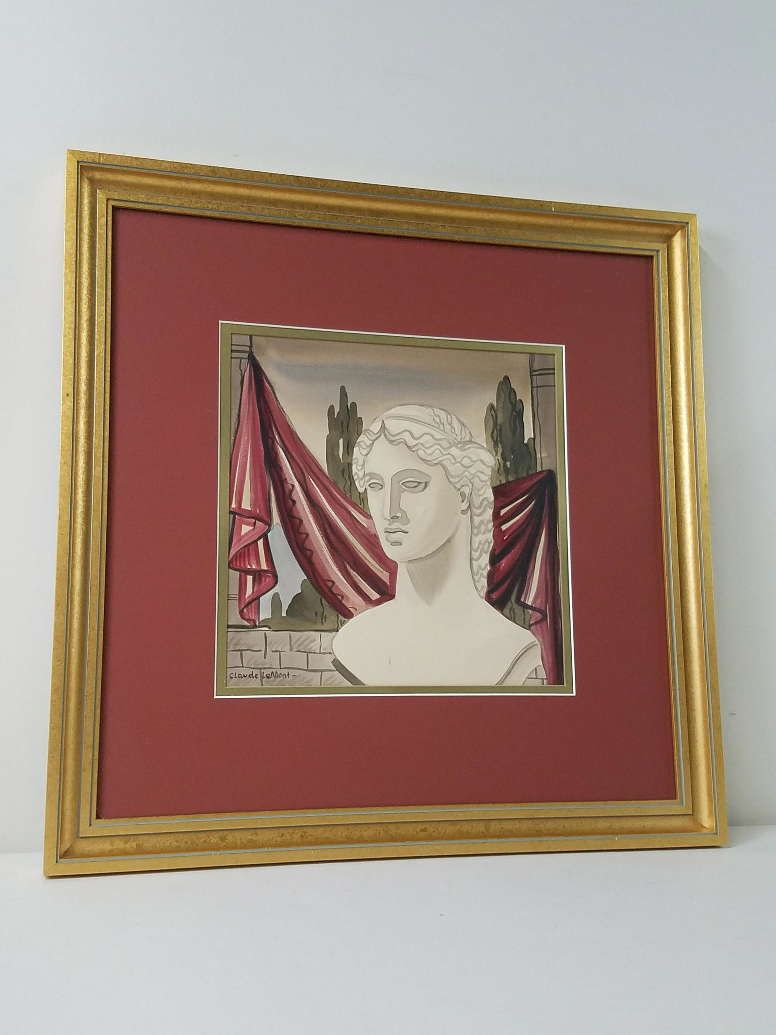 Claude LeMont Sculpture Watercolor: Overall with frame 24-3/4" high x 24-3/4" wide.