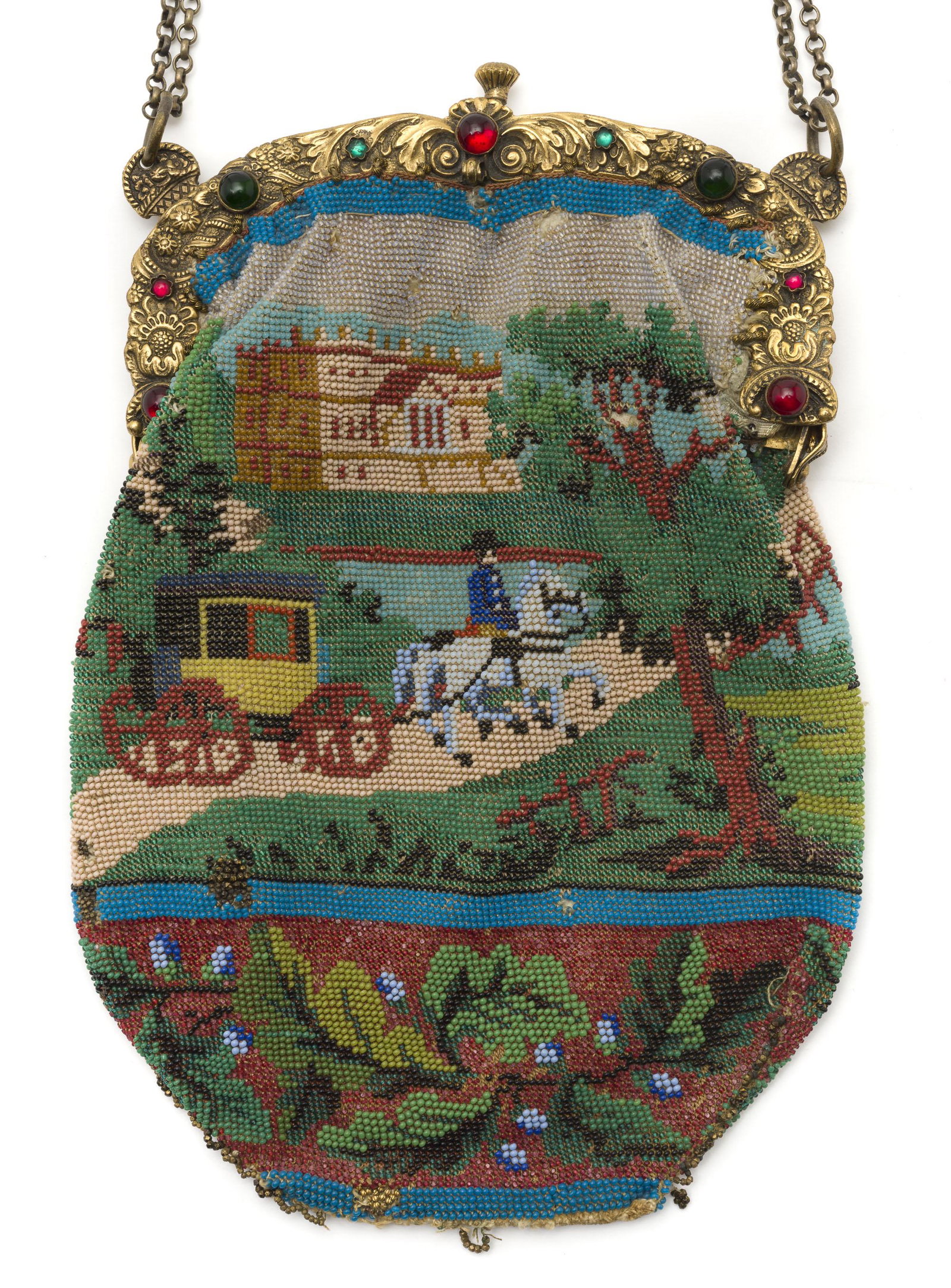 Antique Horse and Carriage Beaded Purse: French made beaded purse with nature scene of horse and carriage on front and boy with goats on reverse. Gold floral frame with red and green glass beads on front and push button clasp. Chain handle a