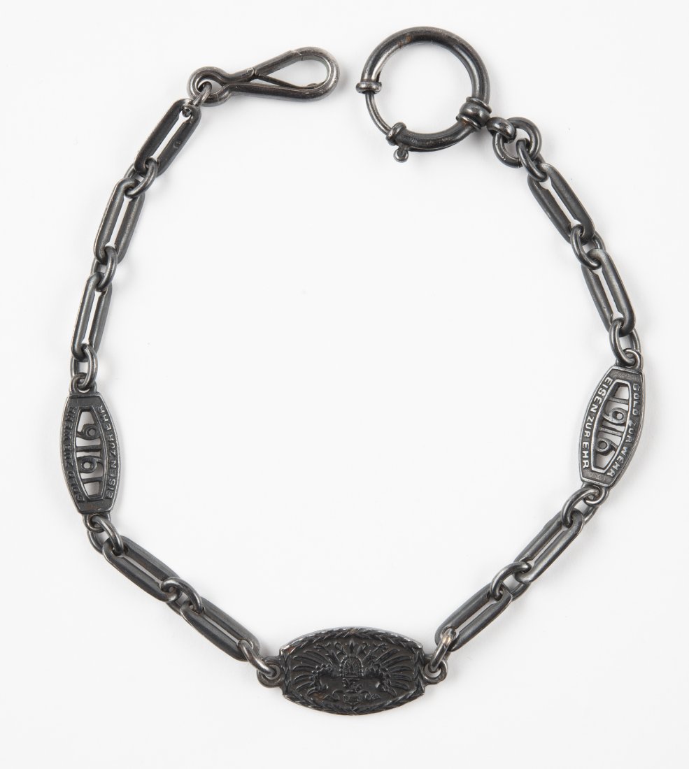 Berlin Iron Second Period Watch Chain: 1916. Inscribed with "Gold Zur Wehr Eisen Zur Ehr" (Gold For Defense and Iron for Honor), "1916", and "In Eisernerzeit 1916" (In the Iron Time 1916). 11-1/2" long. IMPORTANT: Before bidding, please re