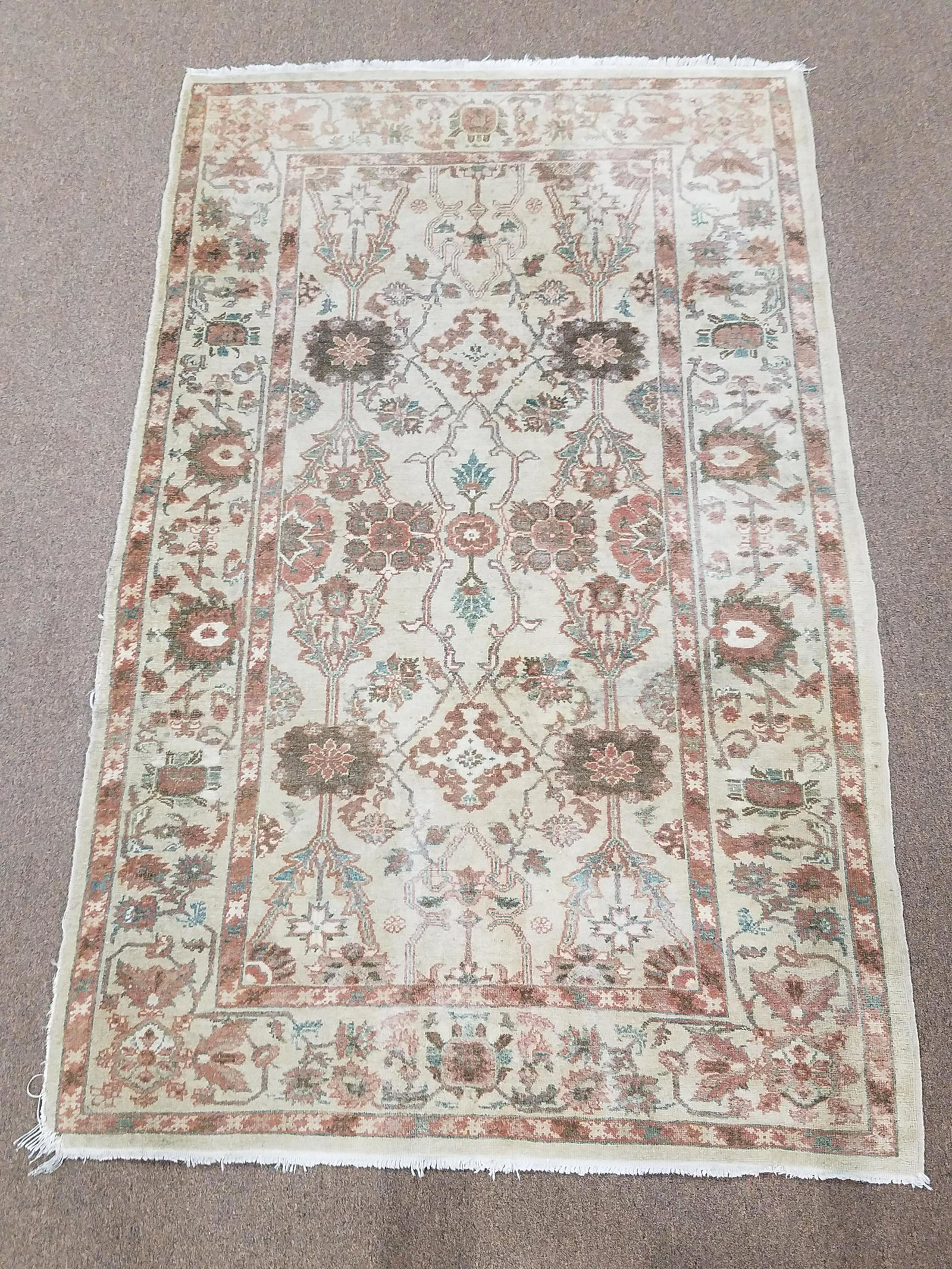 Area Rug: 4'7-1/2" wide x 7'4" long. Some losses at edges. IMPORTANT: Before bidding, please read the terms and conditions. When you registered for the auction you agreed to these terms and will be required to 