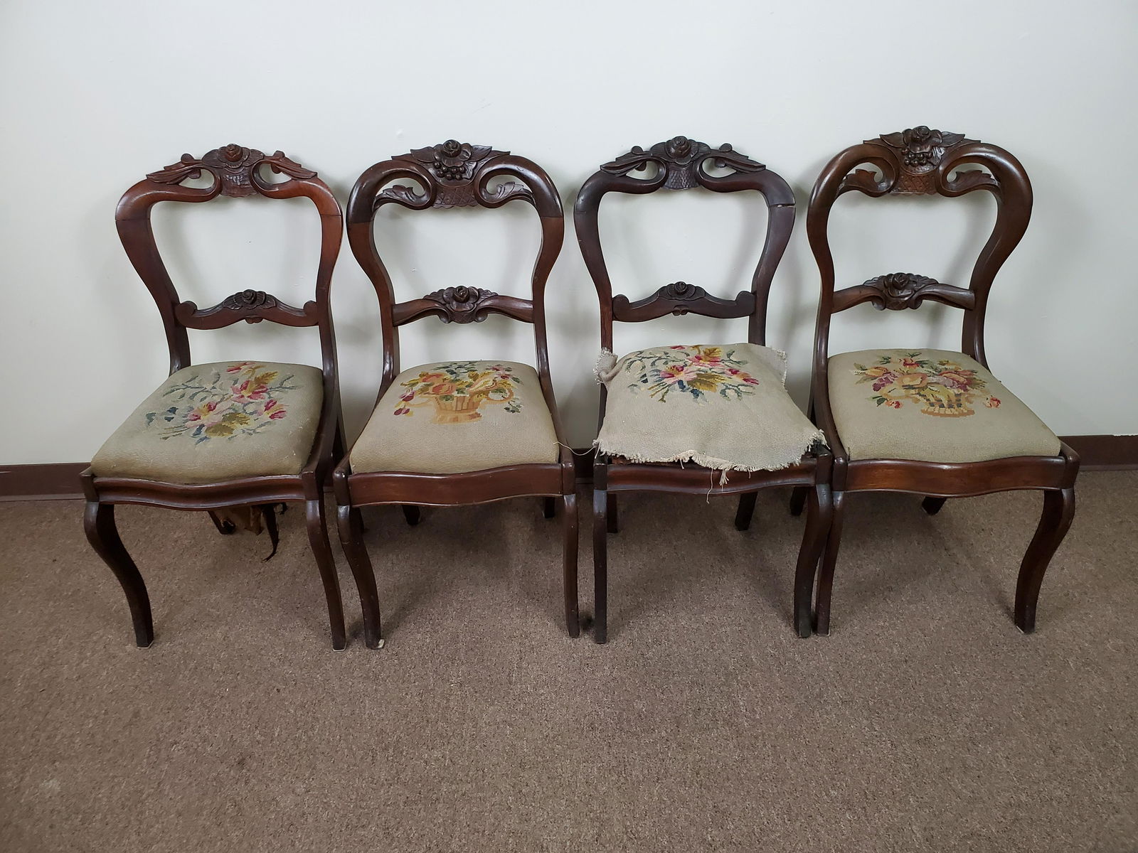 4 Victorian Carved Wood Needle Point Chairs (1 of 5)